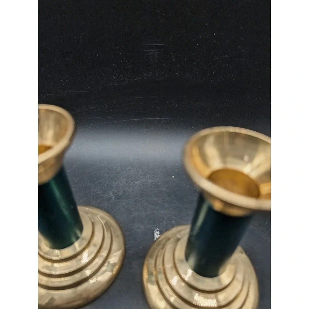 Vintage Brass Candlestick Holders Set of 2‎ Teal Blue Enamel Gold Tone 3